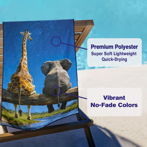 Violetpos Starry Giraffe & Elephant Beach Towel, Extra Large 180x90 cm 250GSM Microfibre, Sand Free Quick Dry