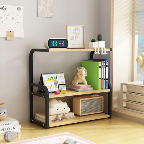 Numjeg Desktop Wood Bookshelf 3-Tier Rack Black Metal Frame Supplies Open Storage Shelf Big Bookcase Organizer Shelf for Top of Desk and Dresser