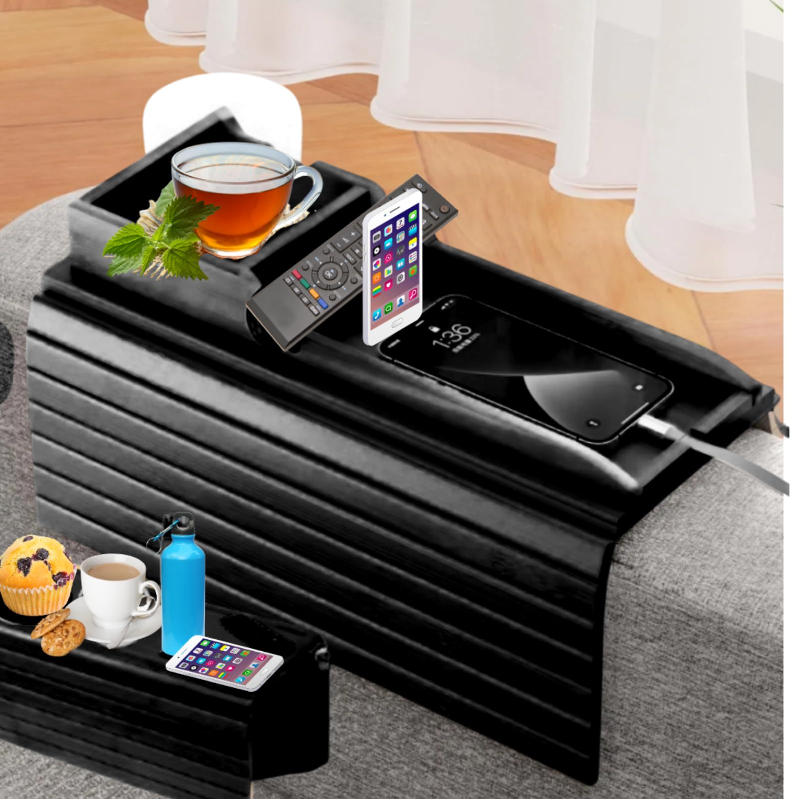 Naturebuz 2-in-1 Wooden Sofa Tray Table with Detachable Tray Bamboo Armrest Table Non-Slip fCups, Remotes, Bottles, Food, Drinks and Phones Black