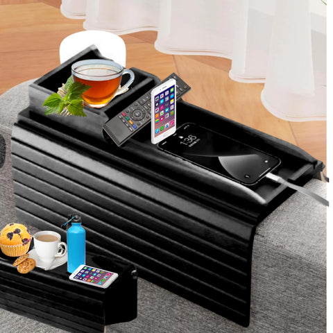 Naturebuz 2-in-1 Wooden Sofa Tray Table with Detachable Tray Bamboo Armrest Table Non-Slip fCups, Remotes, Bottles, Food, Drinks and Phones Black