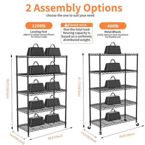 VANZBON 6-Tier Wire Shelving, Wire Shelving Unit (Black, 5-tier)