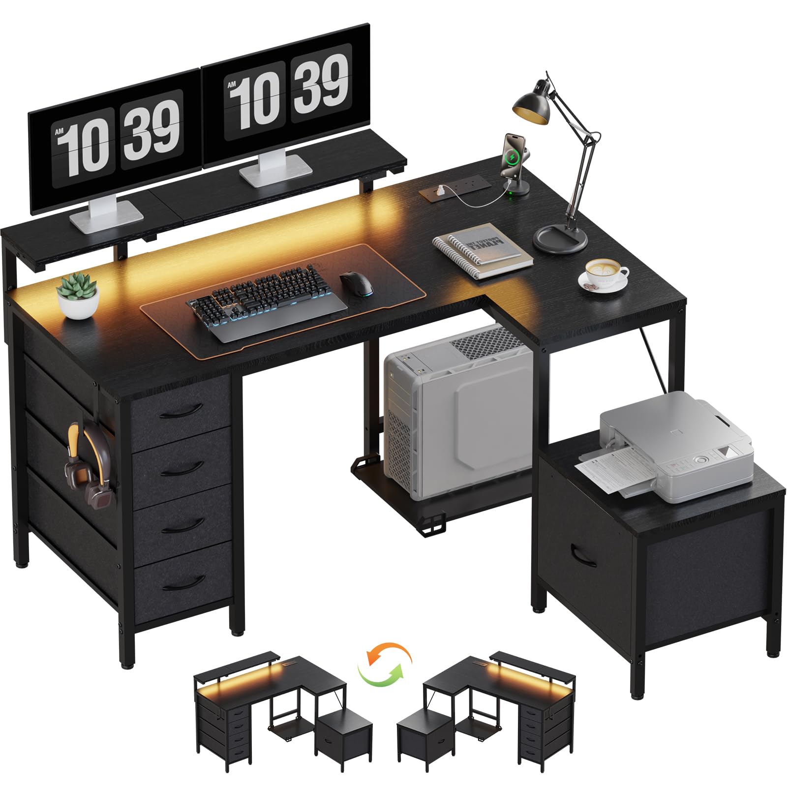 JUMMICO Corner Desk with Cabinet, Reversible L Shaped Computer Desk with Power Outlet and USB Ports, LED Lights and Hooks