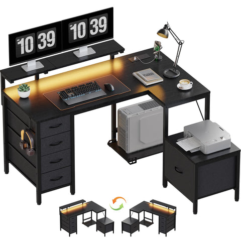 JUMMICO Corner Desk with Cabinet, Reversible L Shaped Computer Desk with Power Outlet and USB Ports, LED Lights and Hooks