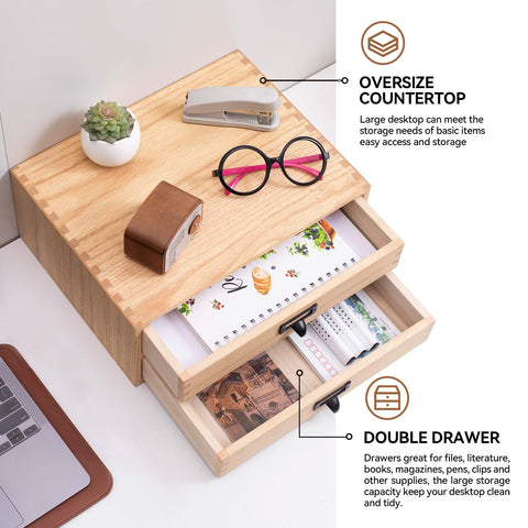 KIRIGEN Wooden Desktop Drawer Organiser, 2 Drawers, A4 Storage, Natural