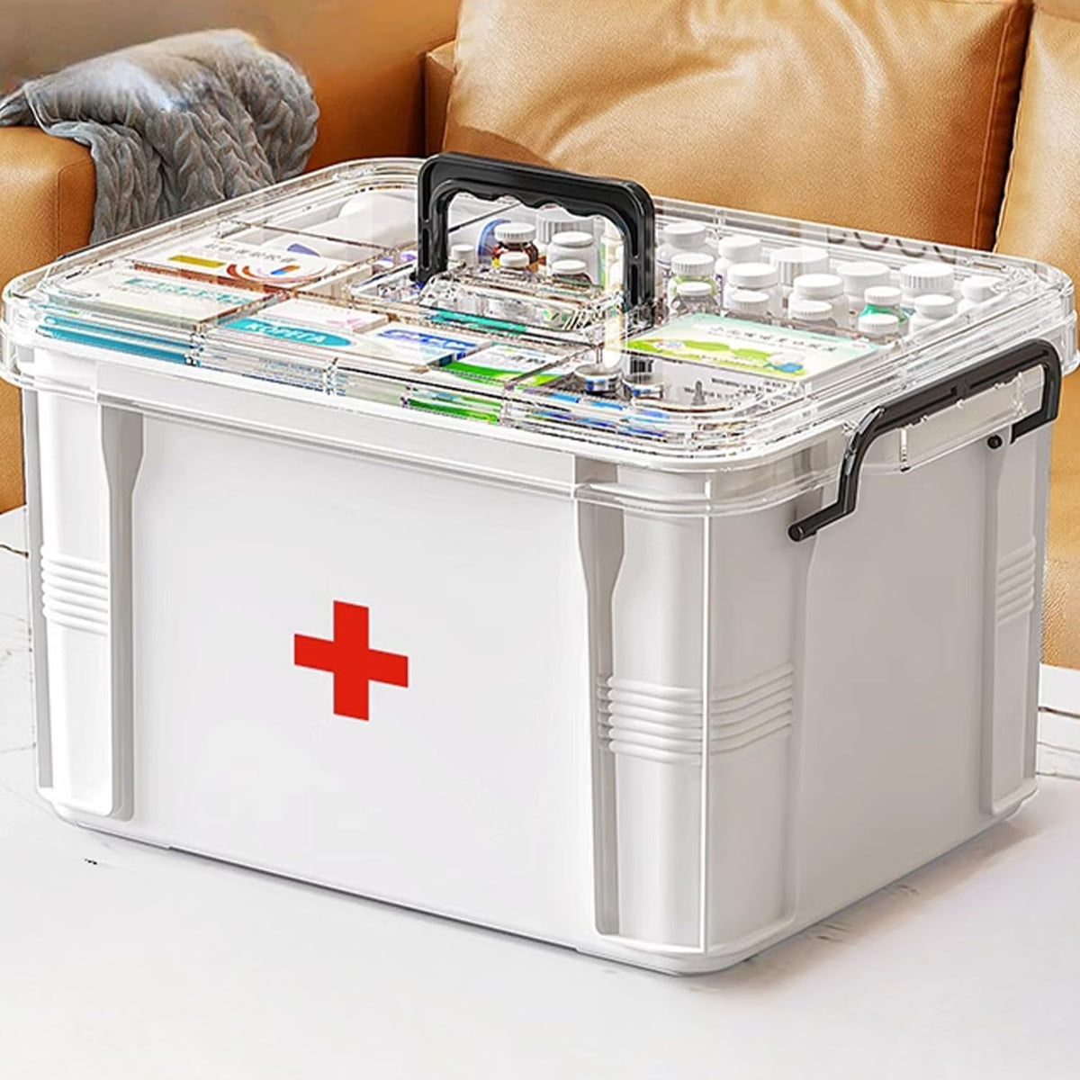 White-L Double Layer Medicine Organiser - Portable First Aid Box with Multi Grid Storage for Home & School