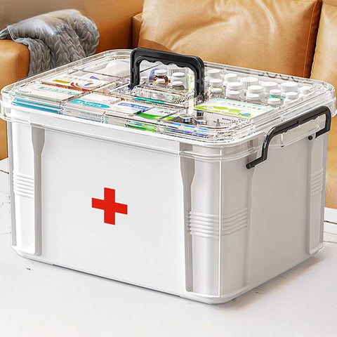 White-L Double Layer Medicine Organiser - Portable First Aid Box with Multi Grid Storage for Home & School