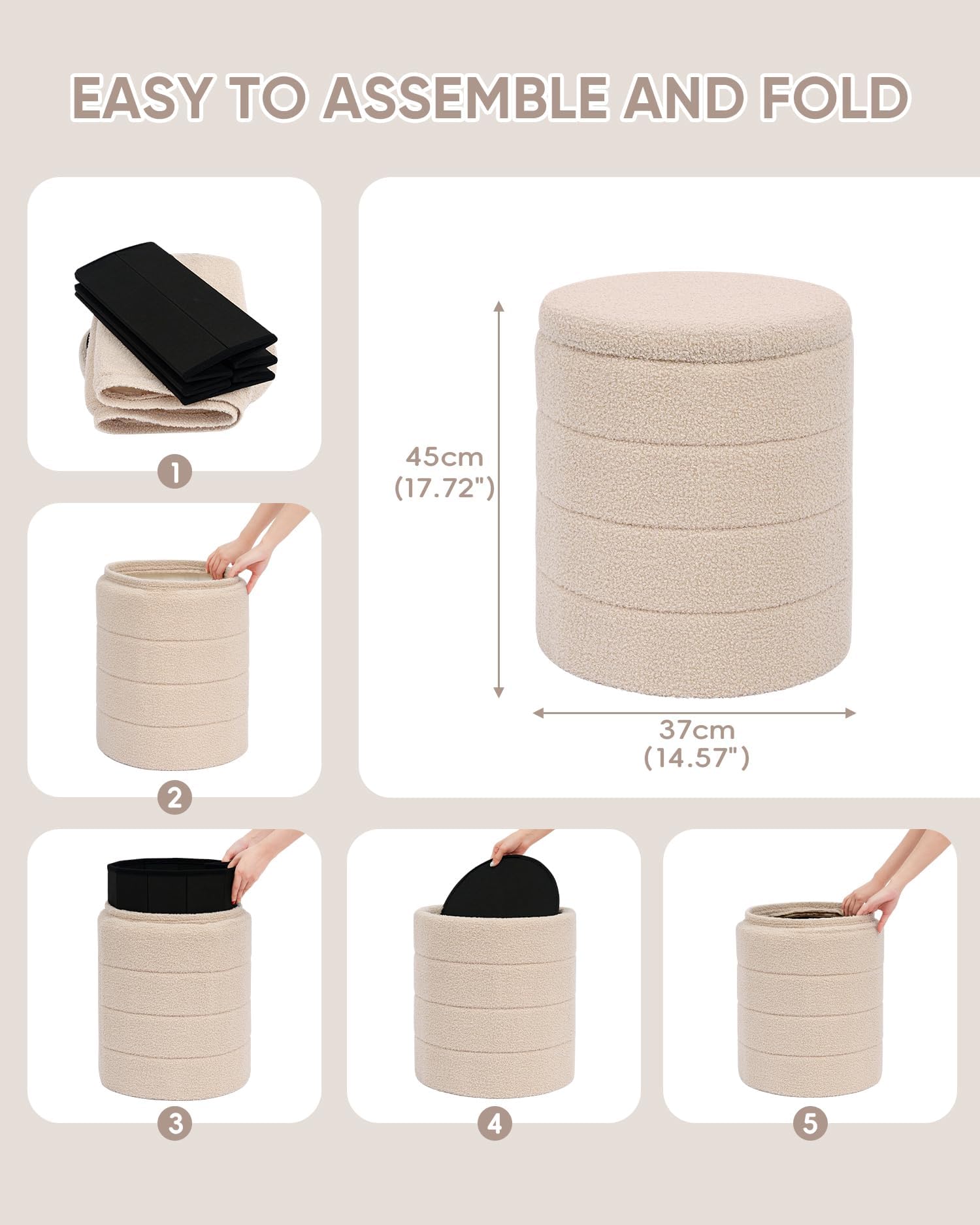 PINPLUS Round Ottoman Storage, Convertible Table, Beige, 37x37x45 cm