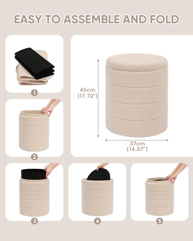 PINPLUS Round Ottoman Storage, Convertible Table, Beige, 37x37x45 cm