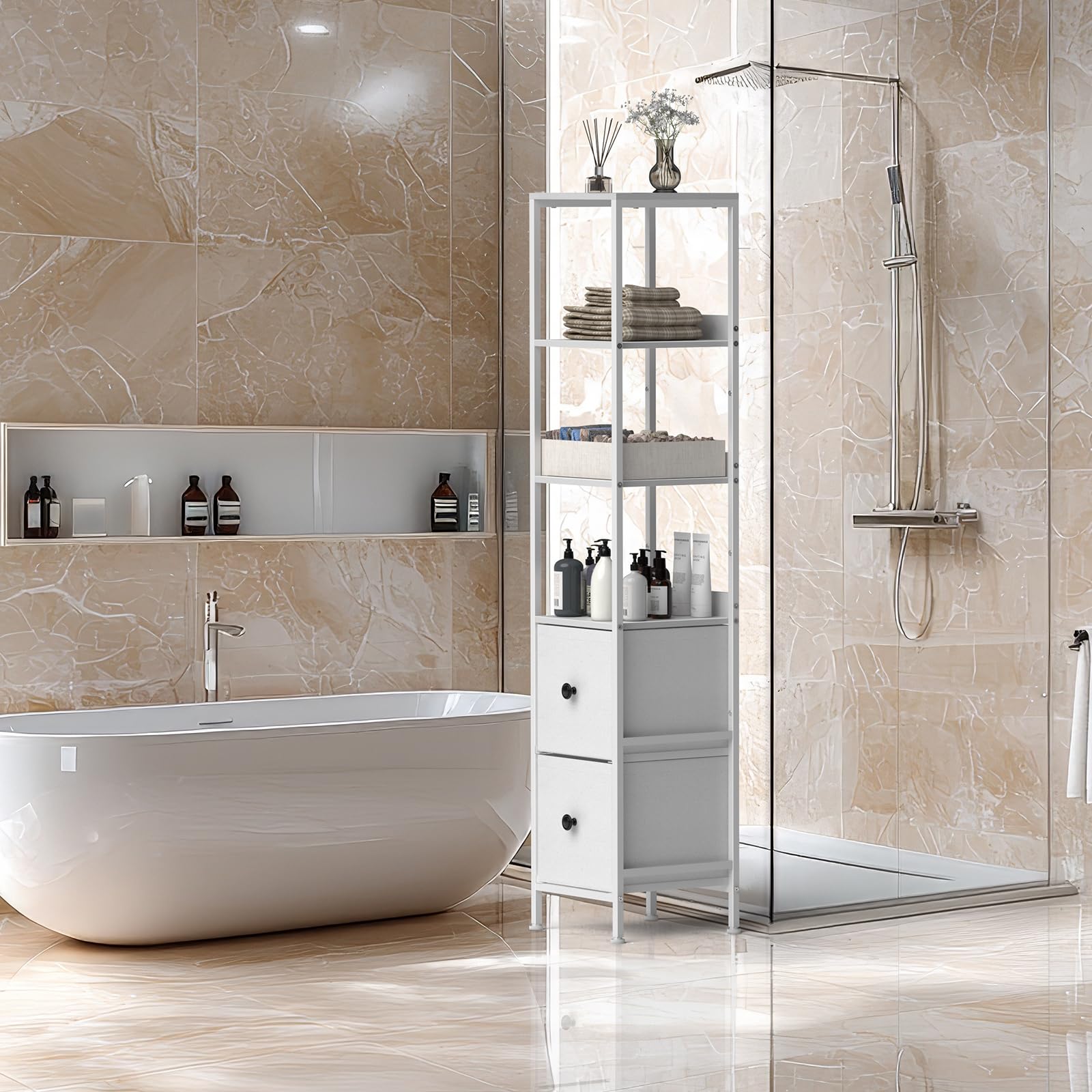 CADUKE Tall Bathroom Cabinet, Slim Storage Unit with 3 Open Wooden Shelves and 2 Fabric Drawers