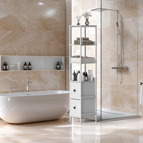 CADUKE Tall Bathroom Cabinet, Slim Storage Unit with 3 Open Wooden Shelves and 2 Fabric Drawers