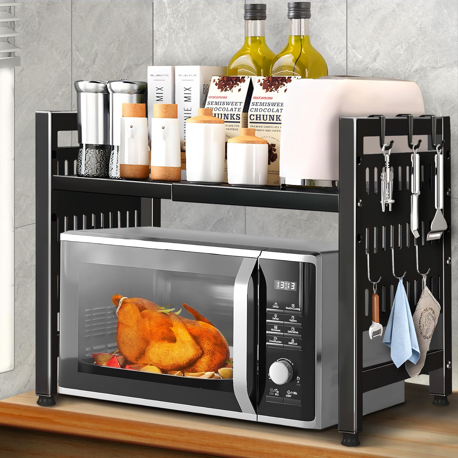 2-Tier Expandable Microwave Shelf, Adjustable Microwave Shelf with Knife Holder, 6 Hooks, Microwave Holder Made of Carbon Steel, Flexible