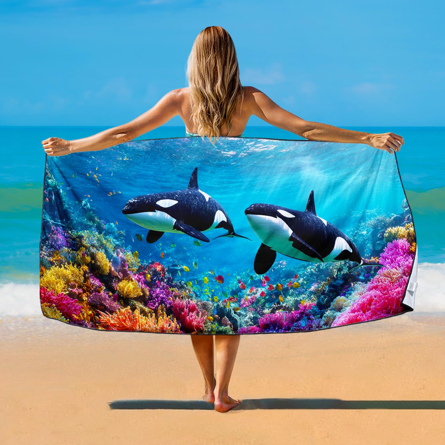 Violetpos Orca Coral Reef Beach Towe, Extra Large 180x90 cm 250GSM Microfibre, Sand Free Quick Dry