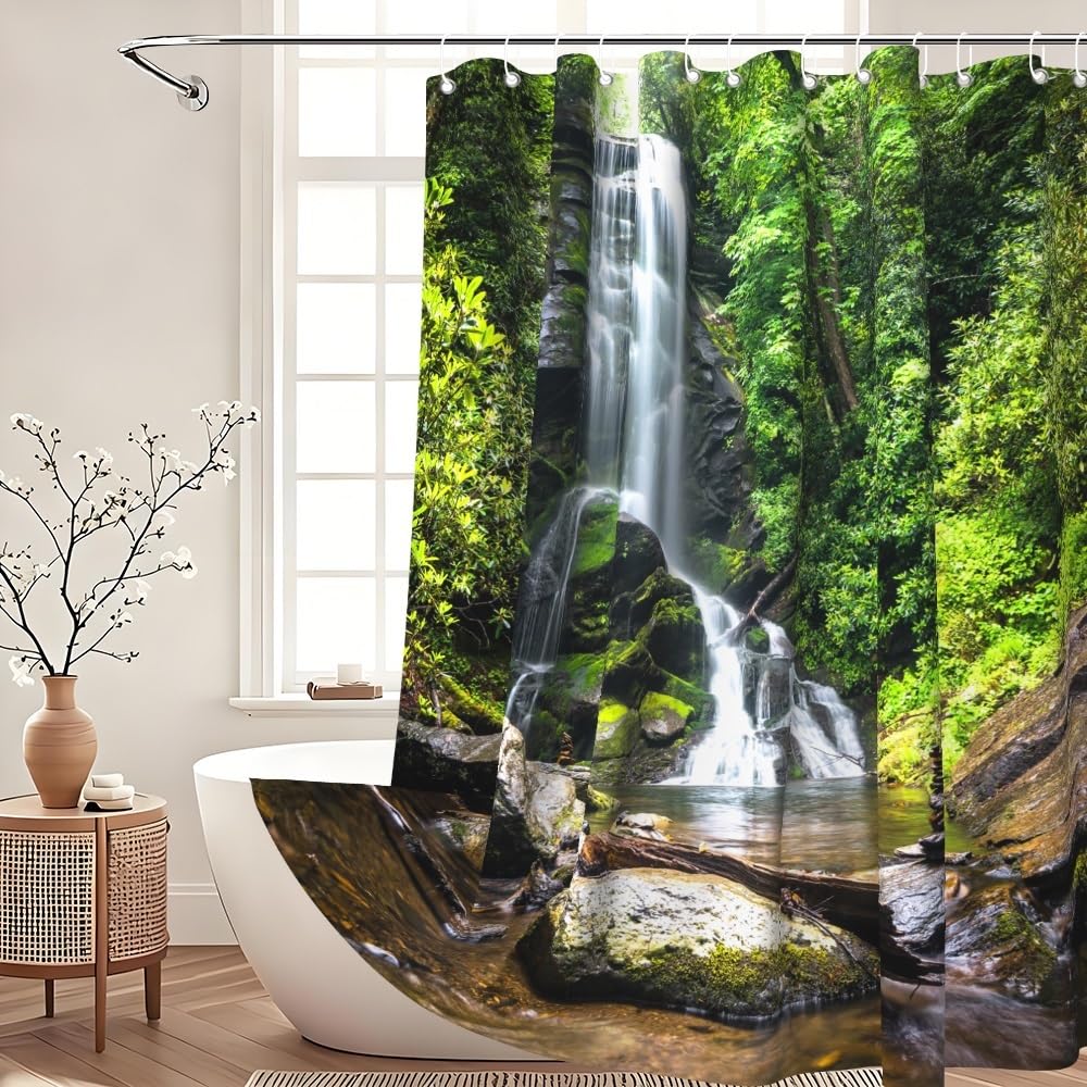 Xiaoterna Nature Shower Curtain Spring Waterfall Bathroom Curtain Tropical Jungle Green Forest Landscape Moss Stone River Washable Shower Curtain