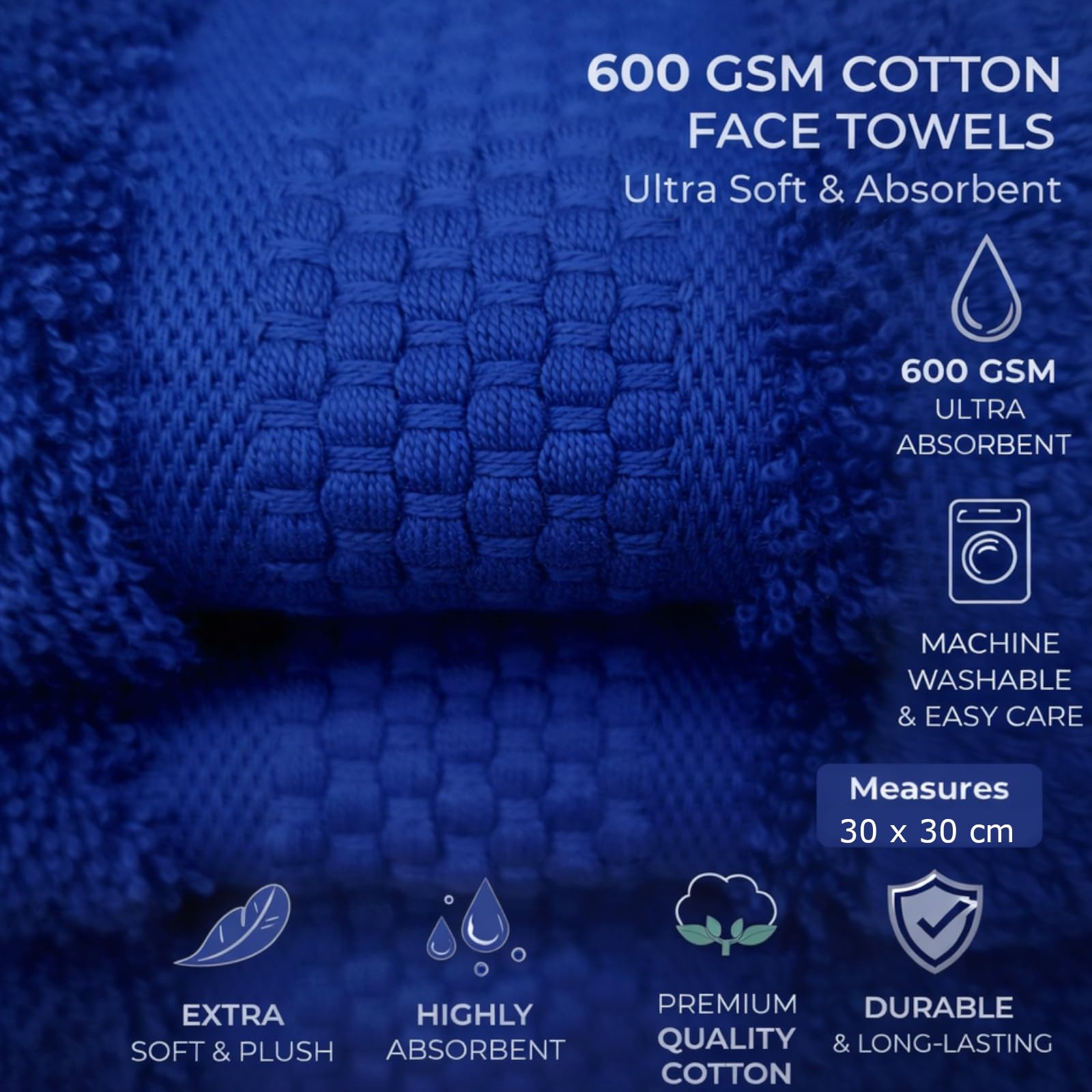 Sue Rossi Face Cloths Pack of 4, Turkish Combed Cotton, 30cm x 30cm, Soft, Absorbent & Quick Dry Wash Cloth Flannels Set Of Bathroom Towels (Navy, 4)