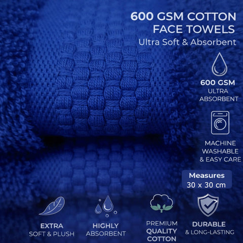 Sue Rossi Face Cloths Pack of 4, Turkish Combed Cotton, 30cm x 30cm, Soft, Absorbent & Quick Dry Wash Cloth Flannels Set Of Bathroom Towels (Navy, 4)