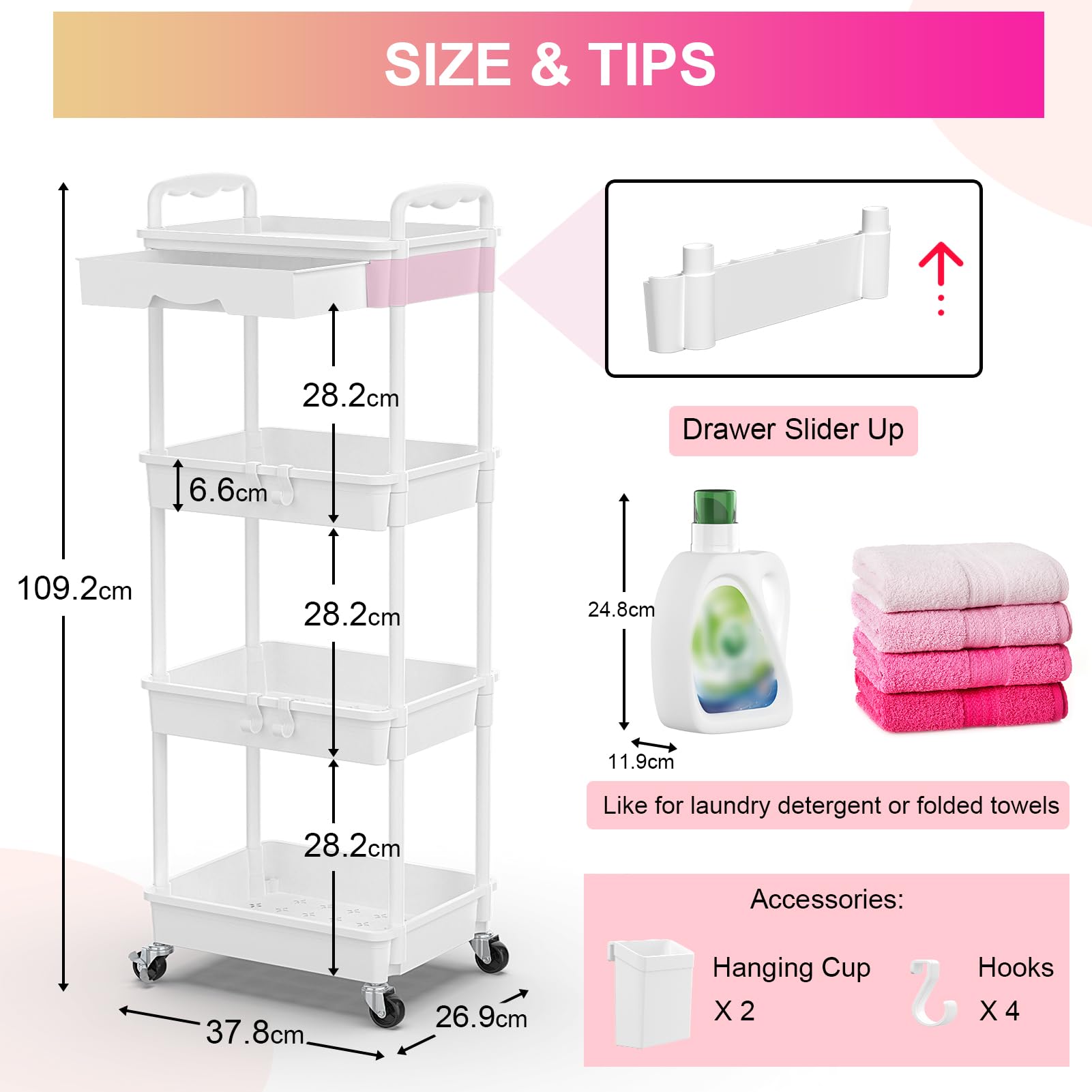 Yeabett 4 Tier Storage Trolley with Drawer, Utility Cart with Plastic Shelf & Lockable Wheels Multifunctional Storage Cart for Kitchen, Bathroom
