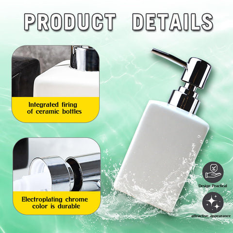 2PSC White Ceramic Soap Dispenser - 320ml/11oz Square Design with Long Spout & Rustproof Pump, Refillable for Shampoo/Liquid Soap