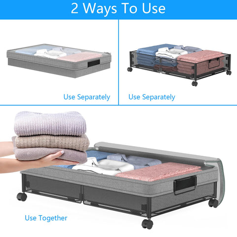 VyGrow Metal Under Bed Storage Containers 2Pack, Rectangular with Wheels & Removable Dust Bags, 24"L x 15.8"W x 5.9"H, 26L Capacity Each