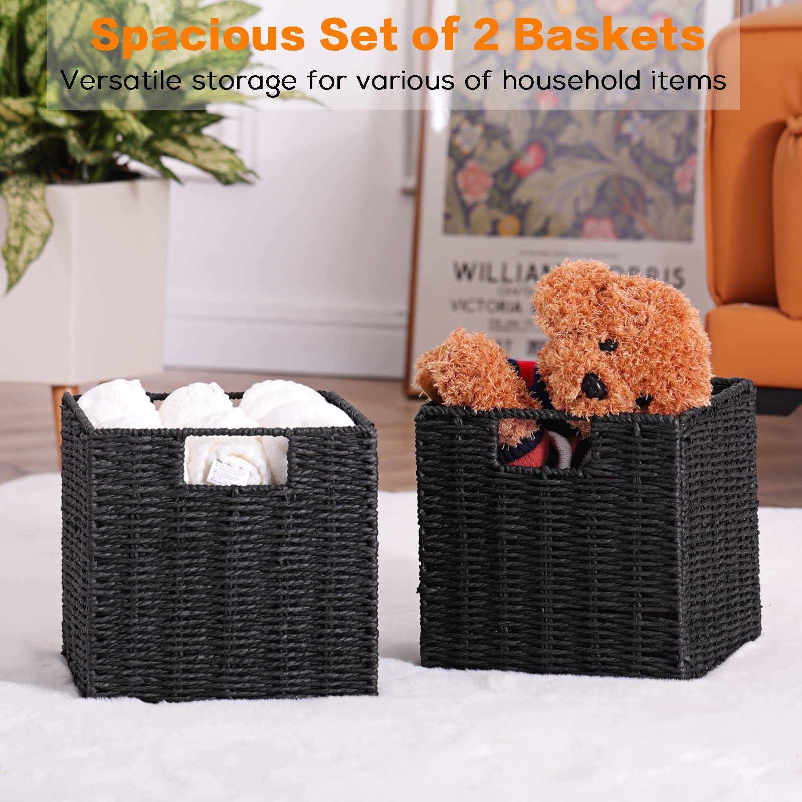 Vagusicc Wicker Baskets for Storage, Set of 2 Hand-Woven Storage Baskets for Shelves, Foldable Cube Storage Baskets Bins with Handles