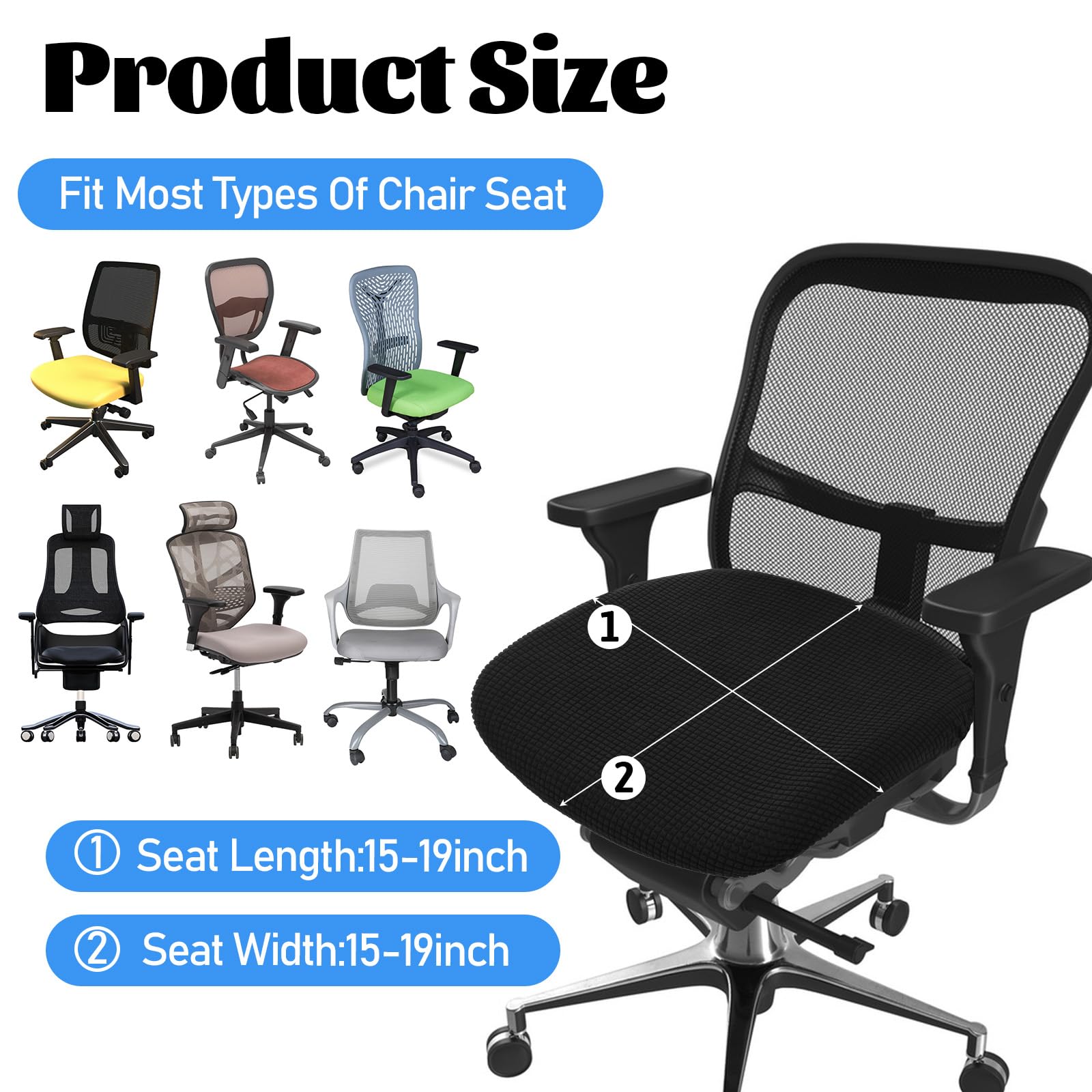 Exircy Office Chair Seat Cover, Stretchable Removable Washable Desk Chair Cover Black Elastic Chairs Seat Slipcovers with Tie Straps 17.7"-21.7"