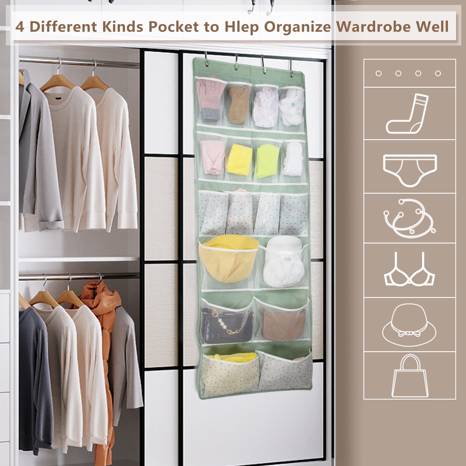 18 Pockets Over Door Storage Organiser,Back of Door Hanging Pocket for Shoes,Sock,Underwear,Hat,Handbag,Cleaning Supply,Toiletry,Behind Door Storage