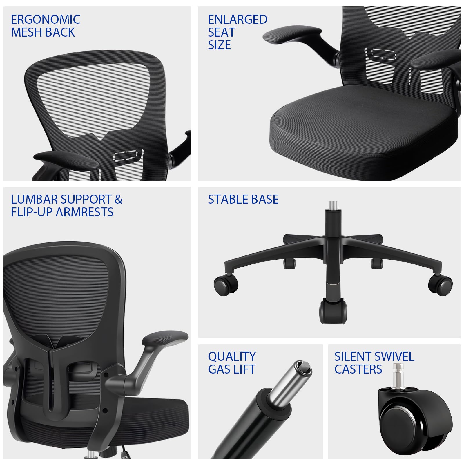 Durrafy Ergonomic Office Chair, Mesh Desk Chair with Adjustable Lumbar Support & Flip-Up Arms, Height Adjustable Swivel for Home Office