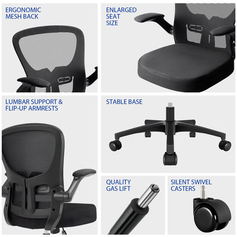 Durrafy Ergonomic Office Chair, Mesh Desk Chair with Adjustable Lumbar Support & Flip-Up Arms, Height Adjustable Swivel for Home Office