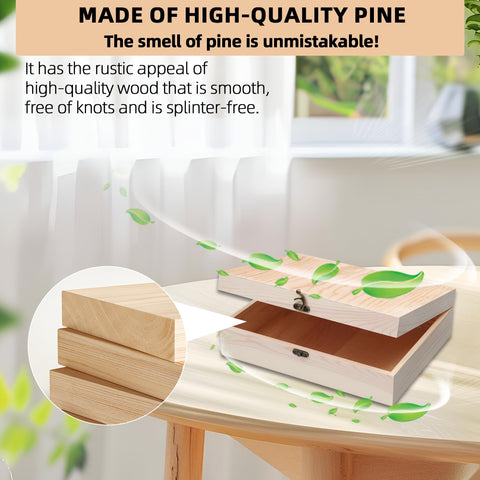 VIKOS Products Unfinished Wooden Box with Hinged Lid for Crafts DIY Storage Jewelry Pine Box - 12" x 9" x 3.35"