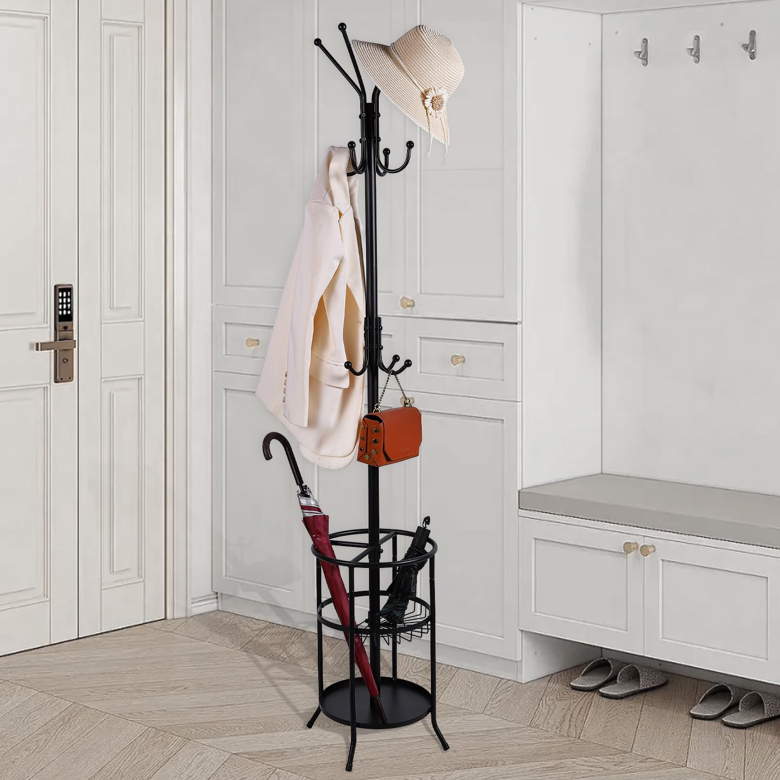 Luyi-Life Metal Coat Rack Stand with Umbrella Holder 12 Hooks for Hallway,182cm Free Standing Coat Tree Hanger Stand for Clothes, Hats, Bags