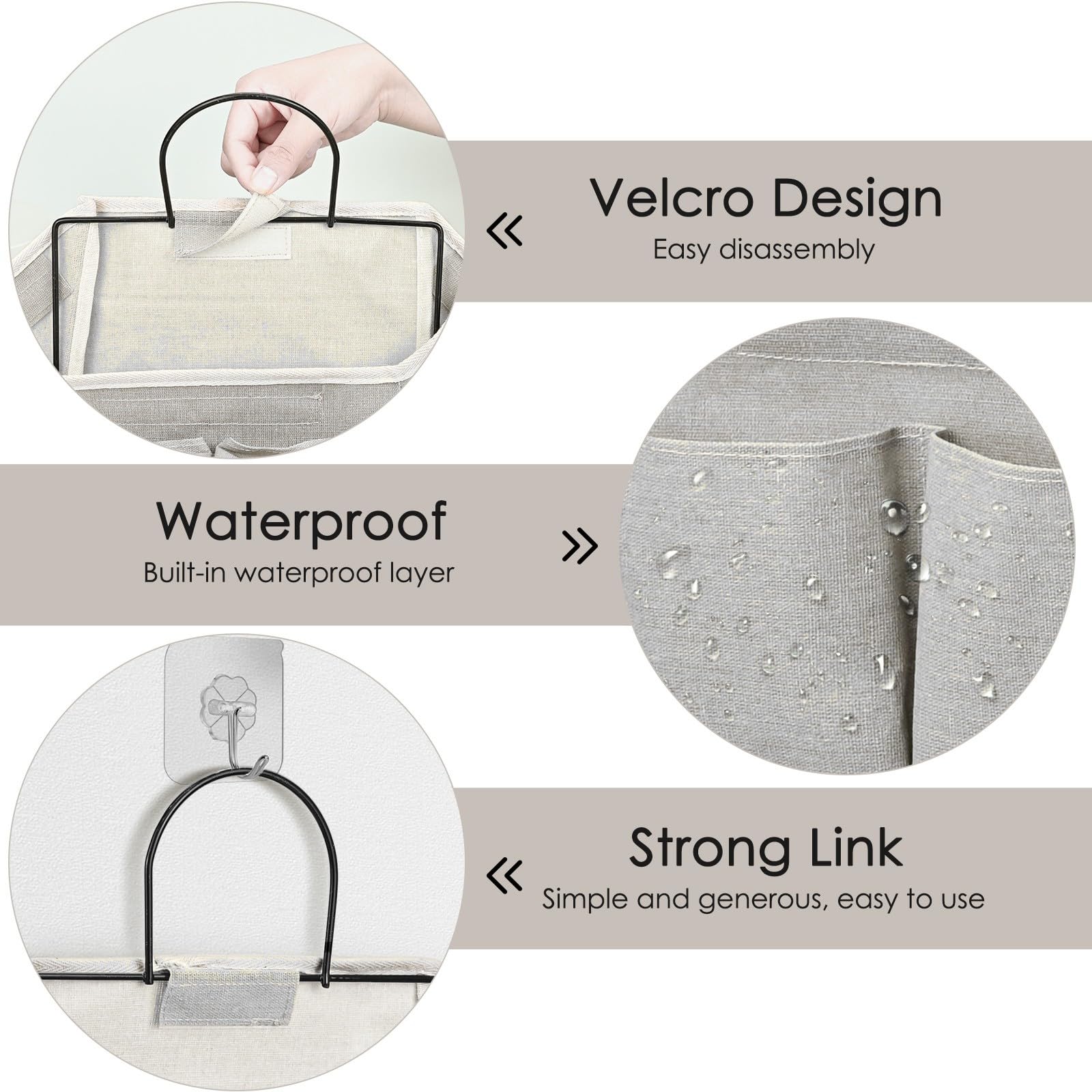 Set of 2 Waterproof Hanging Storage Organizers - Linen - Foldable - With Pockets - For Nursery, Bathroom, Bedroom, Office, RV - Grey