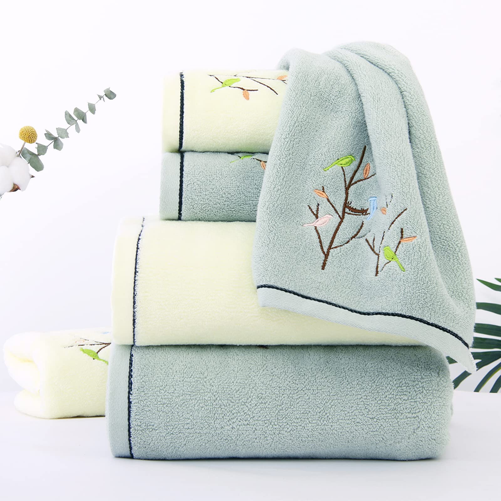 Pidada Hand Towels Set of 2 Embroidered Bird Tree Pattern 100% Cotton Absorbent Soft Decorative Towel for Bathroom 35 x 75 cm (Aqua Green)