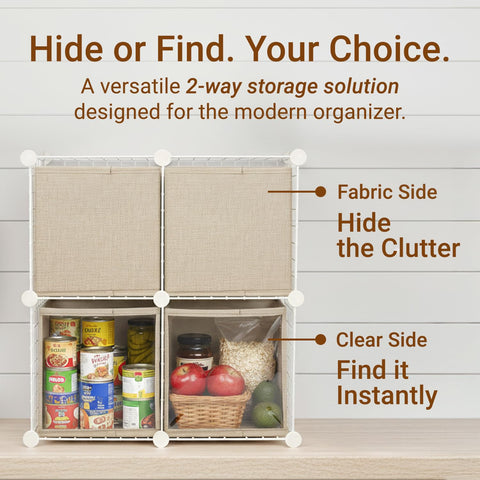 OK ZOO 3-Pack Clear Front Storage Bins – Foldable Cube Organisers with PVC Window & Polyester Linen, Handles for Closet Shelves Nursery Toy Storage