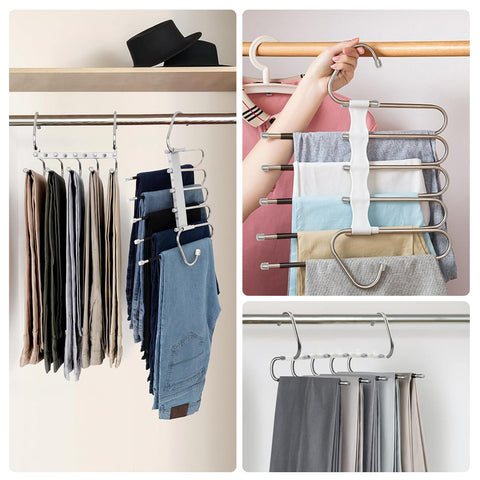 3 Pack trouser hangers space saving, 5 In 1 Non-Slip Multifunctional Pants Rack, Clothing Rack for Closet Storage - Ideal for Jeans, Pants, Skirts