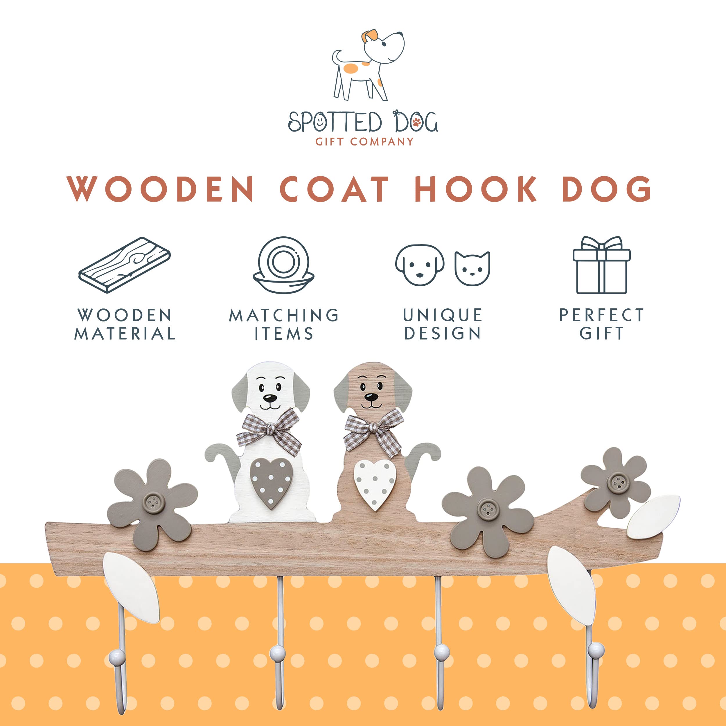 SPOTTED DOG GIFT COMPANY Coat Hooks Wall Mounted Coat Rack, Cute Decorative Wooden 4 Hook Wall Hanger for Clothes Keys Leads