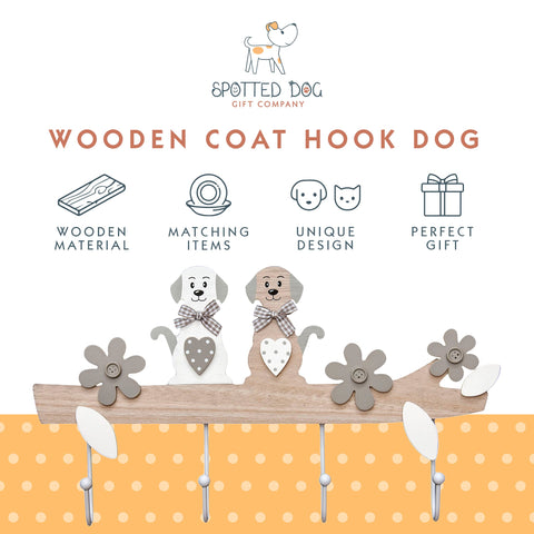 SPOTTED DOG GIFT COMPANY Coat Hooks Wall Mounted Coat Rack, Cute Decorative Wooden 4 Hook Wall Hanger for Clothes Keys Leads