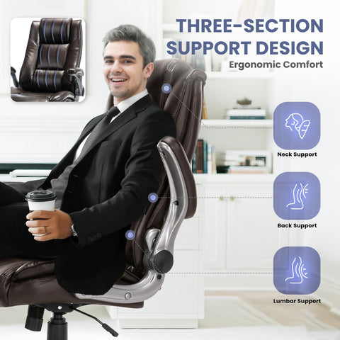 COLAMY Leather Executive Office Chair - High Back Home Computer Desk Chair with Padded Flip-up Arms, Adjustable Tilt Lock