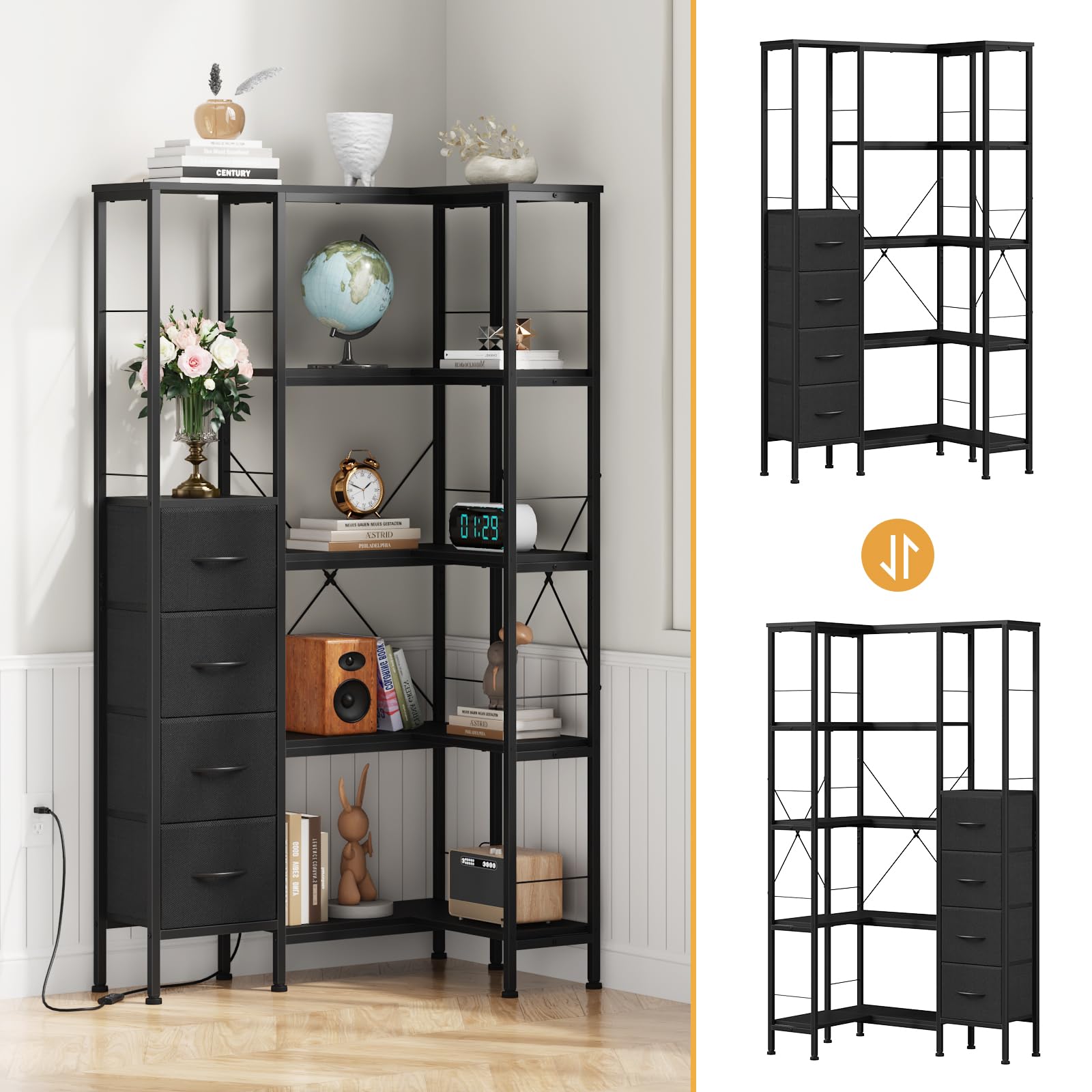 Corner Bookshelf Unit with 4 Fabric Drawers & LED Light, 5-Tier, Black