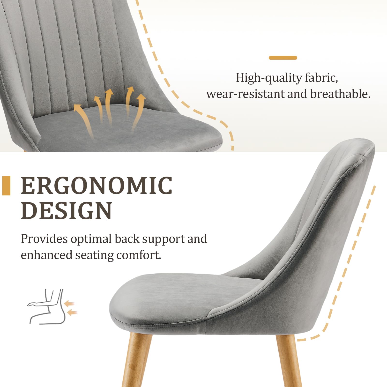 Goeurvant Dining Chairs Polyester Kitchen Chairs Set of 4 Upholstered Chair for Living Room with Wood Legs, Light Grey