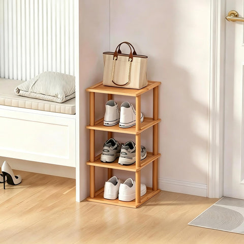 Aniston 4 Tier Small Shoe Rack Bamboo, Free Standing Slim Narrow Shoe Storage, Vertical Tall Shoe Shelf Organiser for Garage, Closet, Doorway, Corner