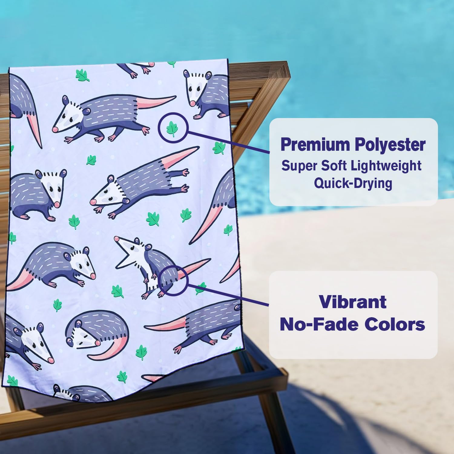 Violetpos Cute Opossum Print Beach Towel, Extra Large 180x90 cm 250GSM Microfibre, Sand Free Quick Dry