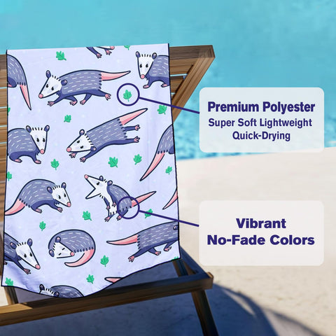 Violetpos Cute Opossum Print Beach Towel, Extra Large 180x90 cm 250GSM Microfibre, Sand Free Quick Dry