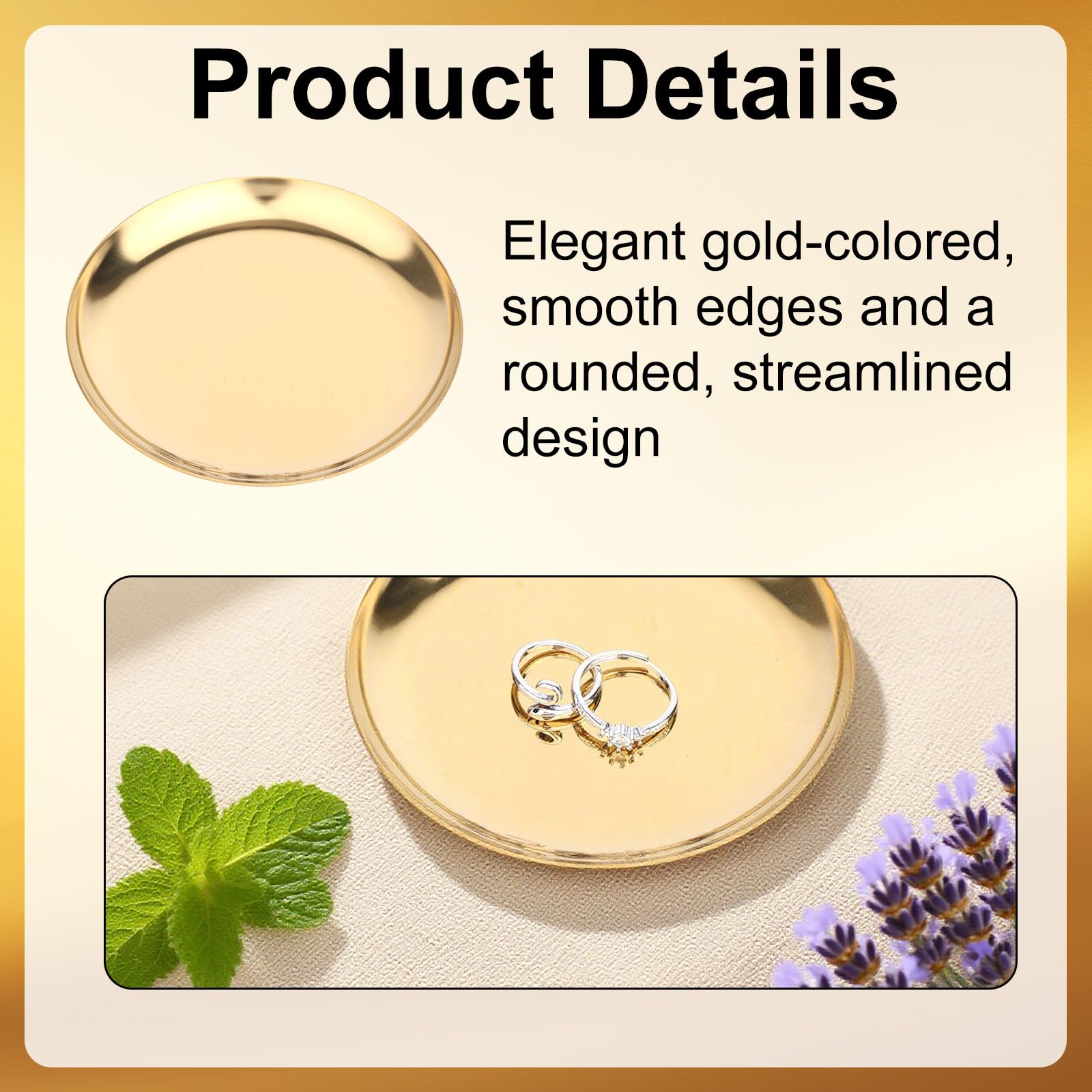 2pcs Gold Round Serving Trays, Stainless Steel Trinket Dish Decorative Jewelry Tray Small Gold Platters for Jewelry Cosmetics Countertop Dish