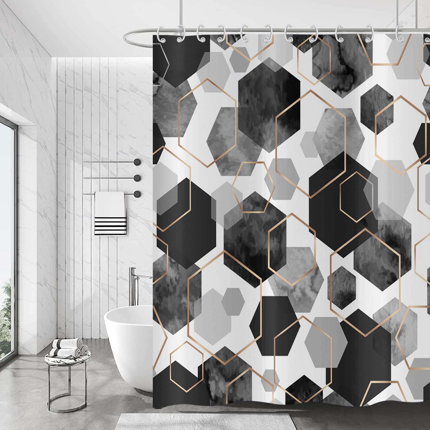 Hnmdmyi Black Shower Curtain 180x200, Modern Geometric Hexagon Abstract Art Bathroom Curtains Waterproof Polyester Fabric Washable Bath Curtains with