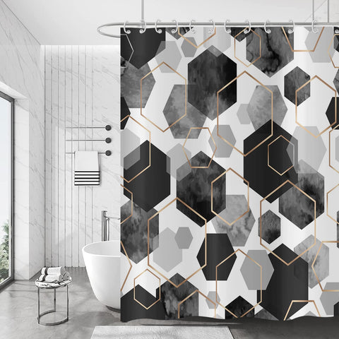 Hnmdmyi Black Shower Curtain 180x200, Modern Geometric Hexagon Abstract Art Bathroom Curtains Waterproof Polyester Fabric Washable Bath Curtains with