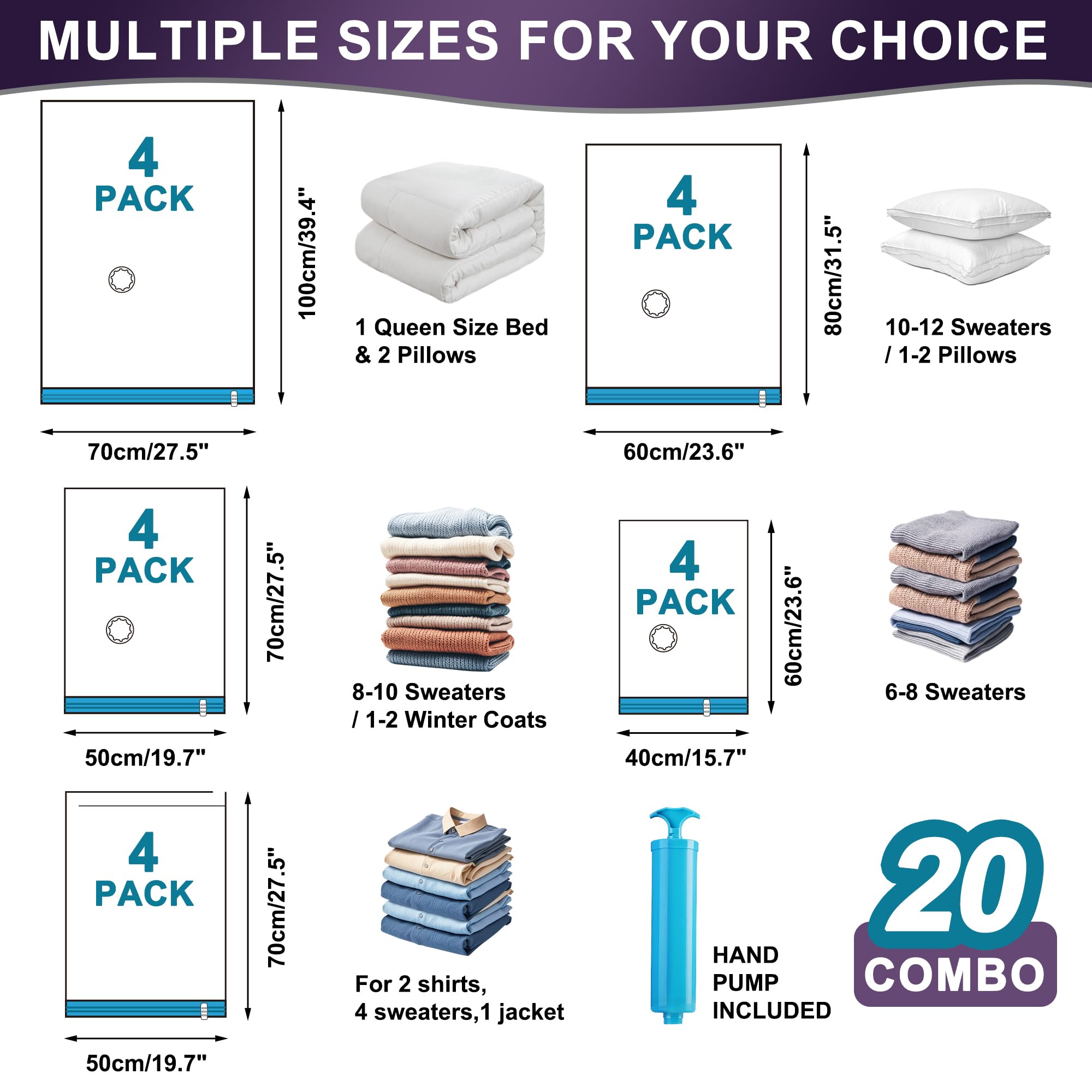 Oumaru Vacuum Storage Bags for Clothes, Vacuum Bags, Space Saver Bags for Clothes, Duvets and Pillows, Hand Pump Included, 20 Combos
