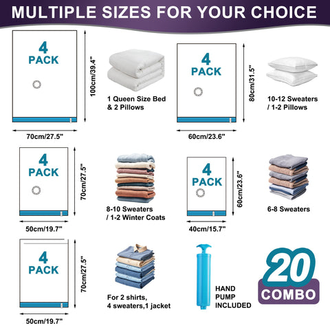 Oumaru Vacuum Storage Bags for Clothes, Vacuum Bags, Space Saver Bags for Clothes, Duvets and Pillows, Hand Pump Included, 20 Combos