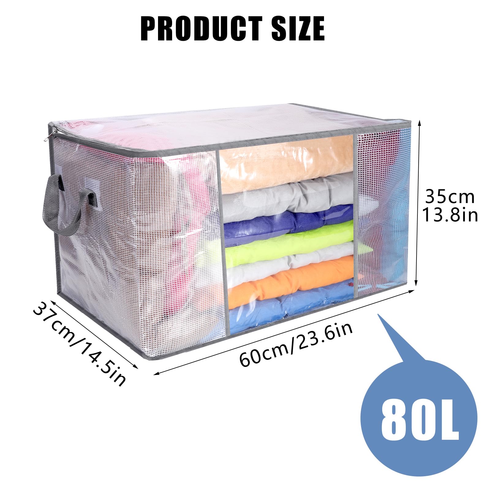SUNNOW 6 Pcs 80L Clothes Storage Bags, Large Storage Box with Lid, Clear PP
