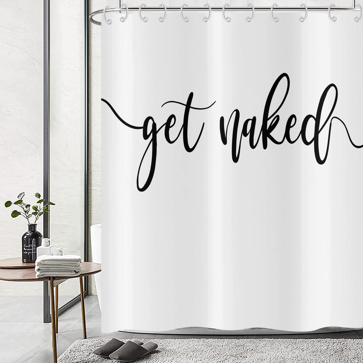 Hnmdmyi White Shower Curtain 180x180, Black Art Font Words Get Naked Shower Curtains Funny Quotes Beautiful and Cool Bathroom Curtains Waterproof