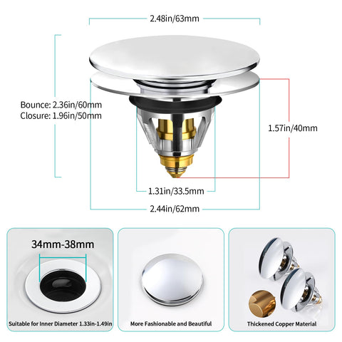 Sink Plug Replacement, Brass Universal Bathroom Pop Up Drain Stopper