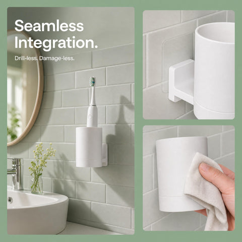2 Pcs Wall Mounted Toothbrush Holder, Self Adhesive Tooth Brushing Holder Multifunction Tooth Mug Toothpaste Accessories Sets No Drilling for Home